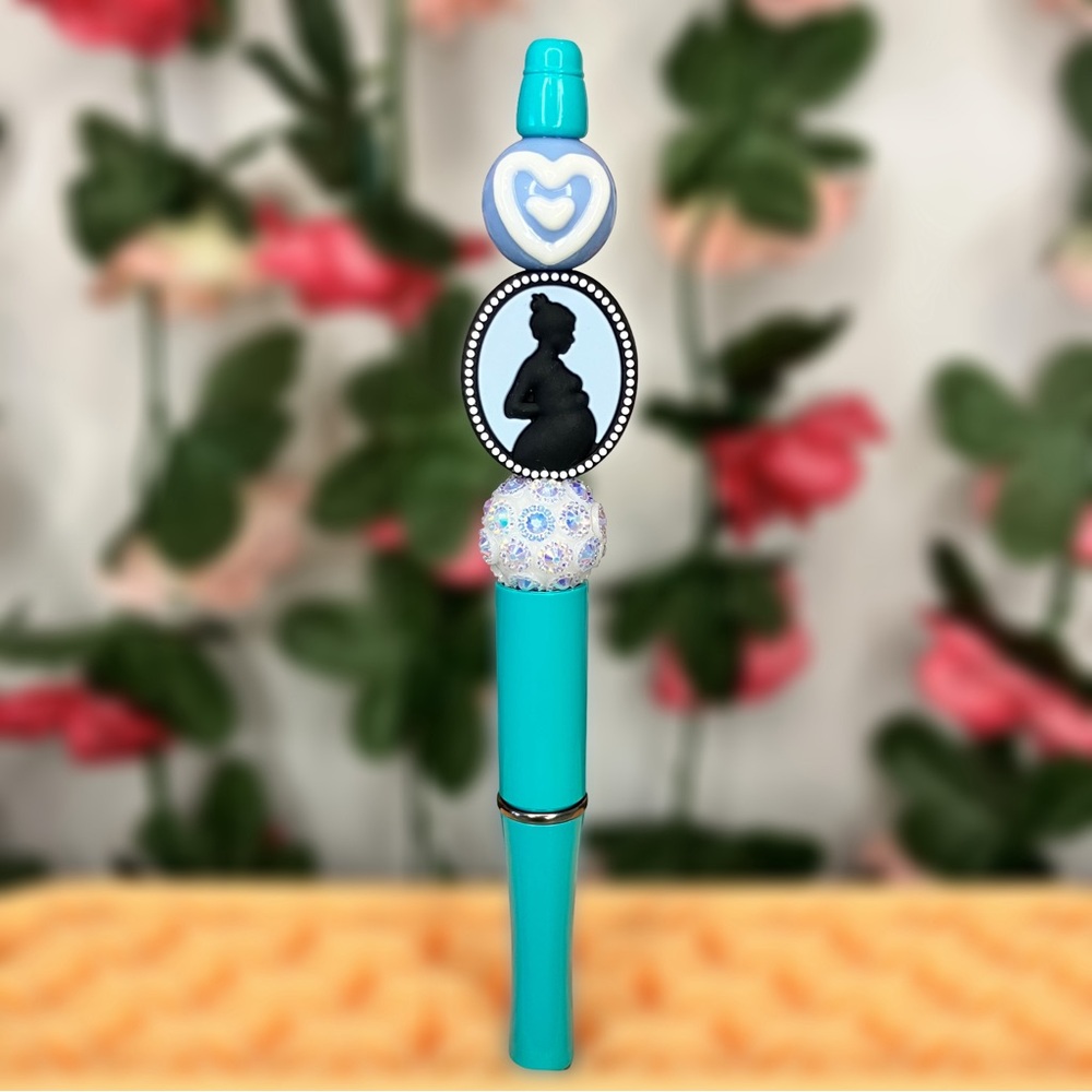 Pregnant Woman Blue Cameo Elegant Handmade Beaded Pen